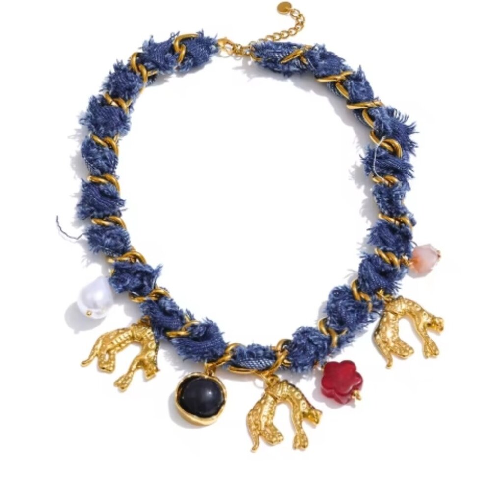 Statement Blue Denim Chain & Pearl Flower Drop Necklace